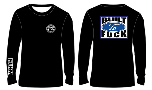 Black long-sleeve shirt with logos on a white background