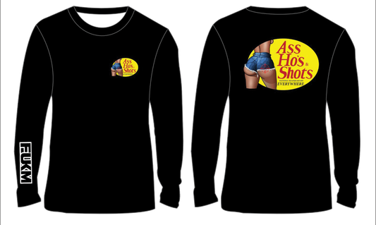 Black long-sleeve shirt with graphic designs on a white background