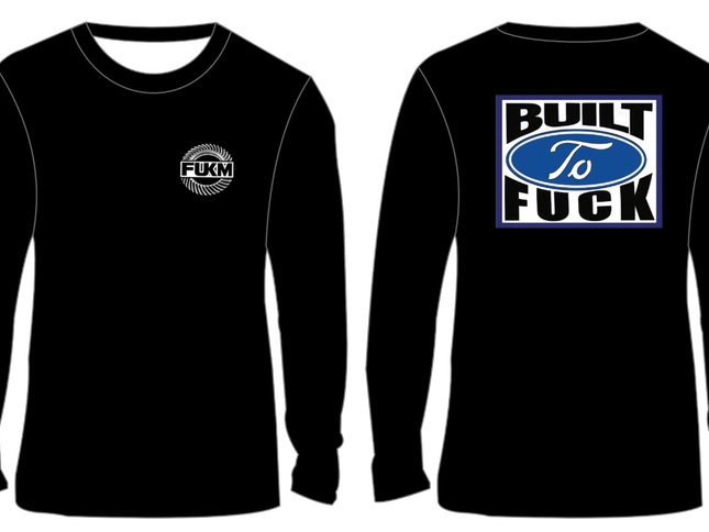 Black long-sleeve shirt with logos on a white background