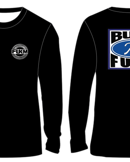 Black long-sleeve shirt with logos on a white background