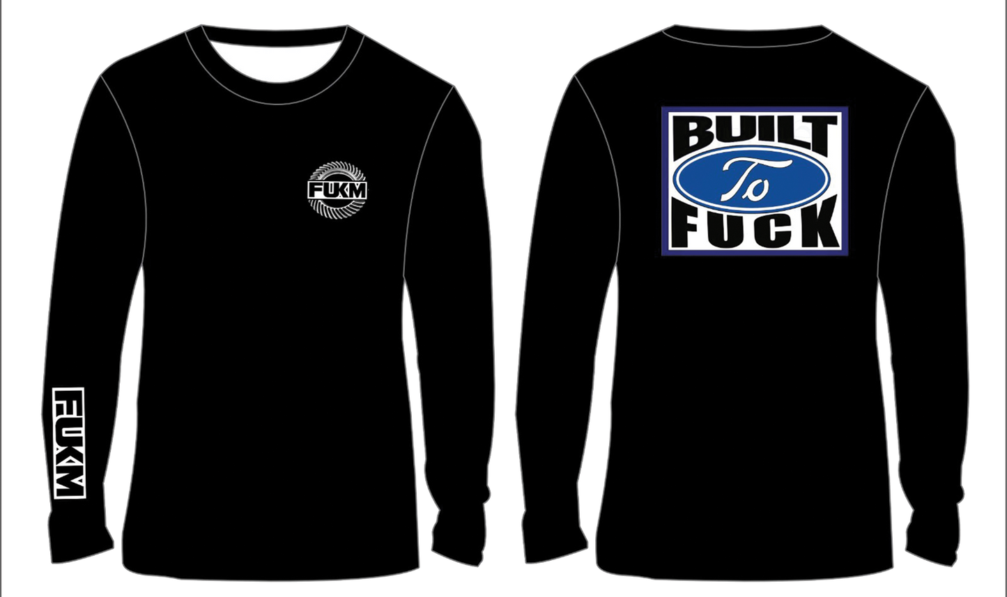 Black long-sleeve shirt with logos on a white background