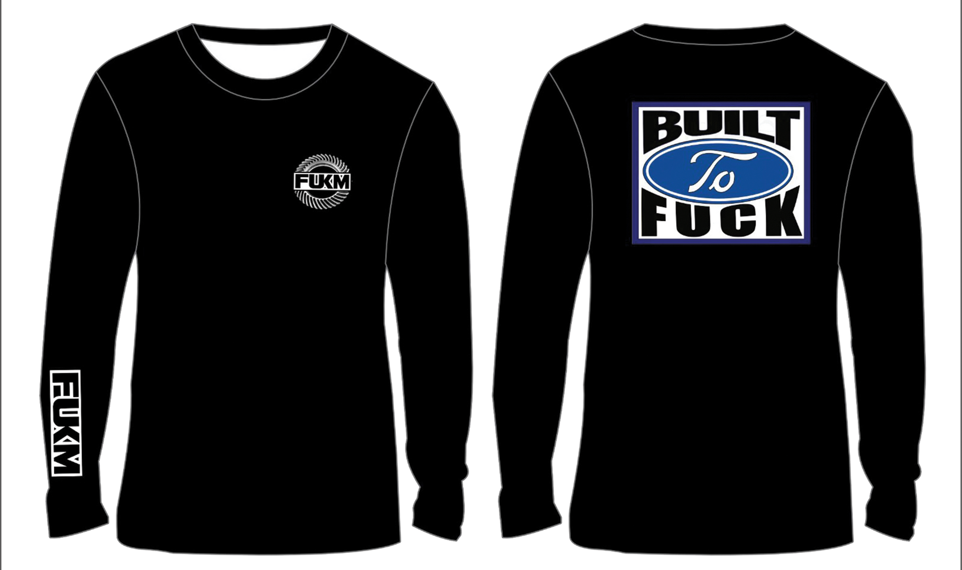 Black long-sleeve shirt with logos on a white background
