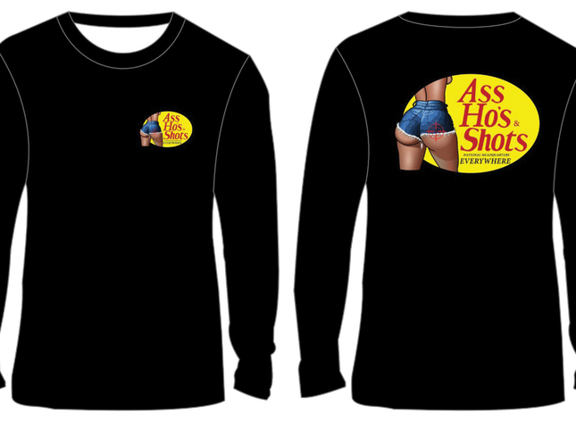Black long-sleeve shirt with graphic designs on a white background