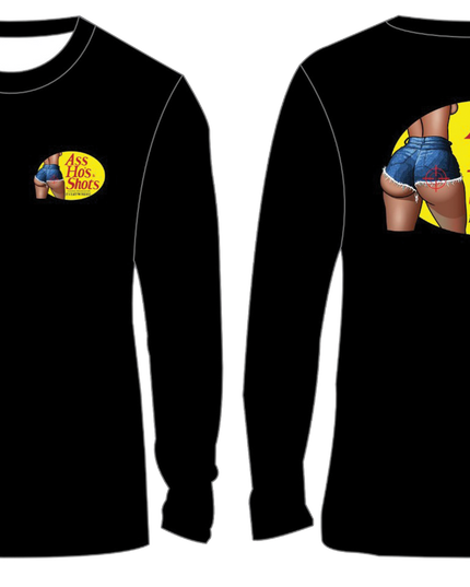 Black long-sleeve shirt with graphic designs on a white background