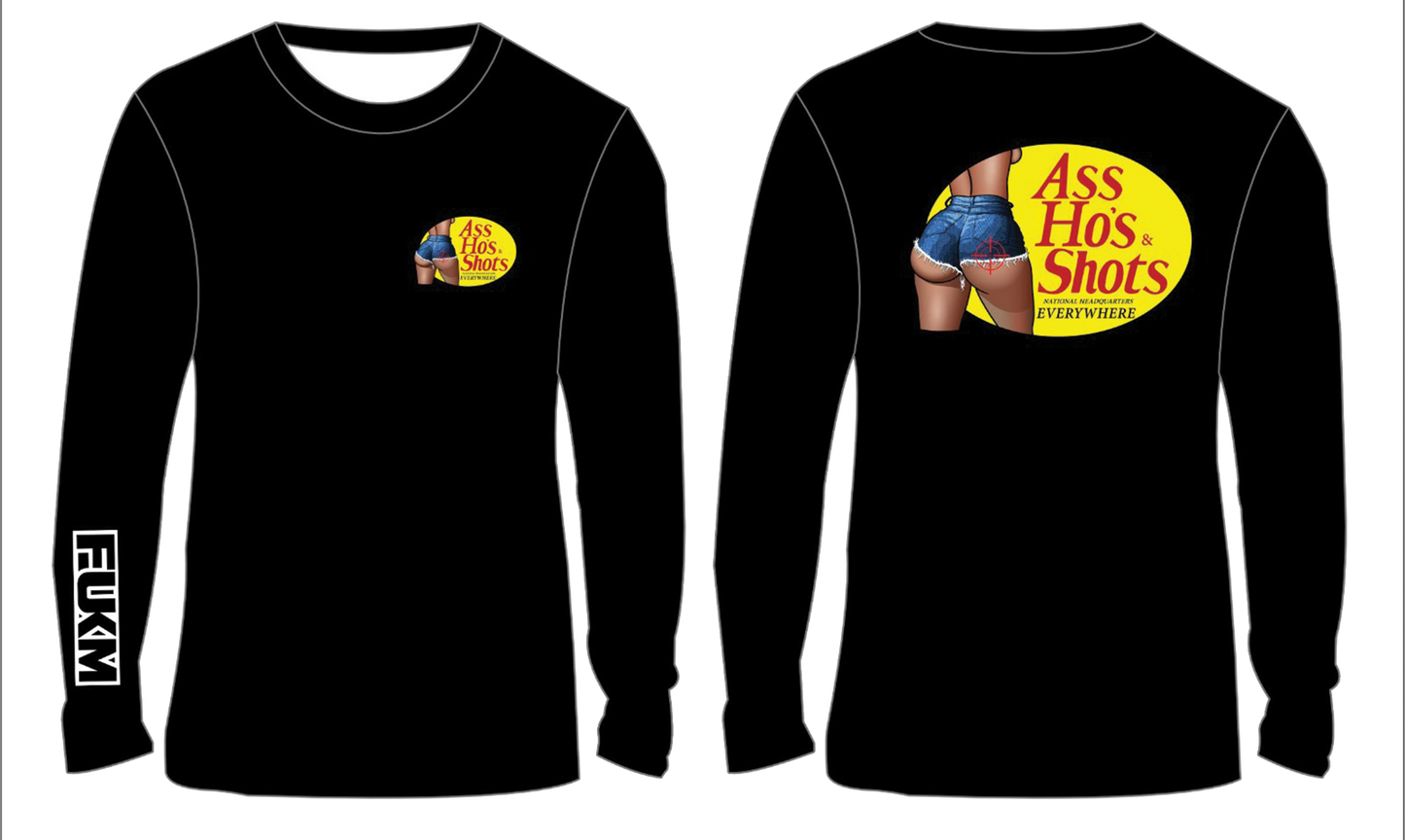 Black long-sleeve shirt with graphic designs on a white background