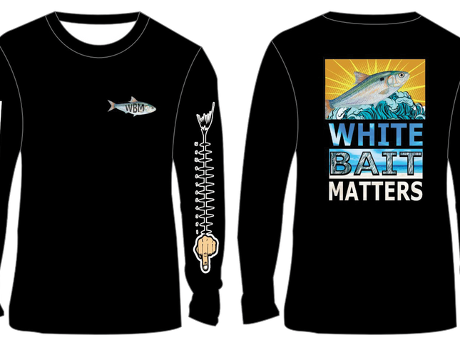 Black long-sleeve shirt with 'White Bait Matters' graphic design on a white background