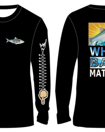 Black long-sleeve shirt with 'White Bait Matters' graphic design on a white background