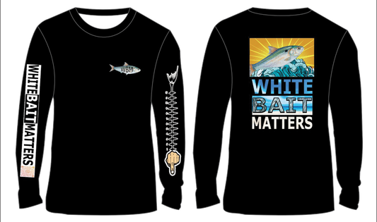 Black long-sleeve shirt with 'White Bait Matters' graphic design on a white background