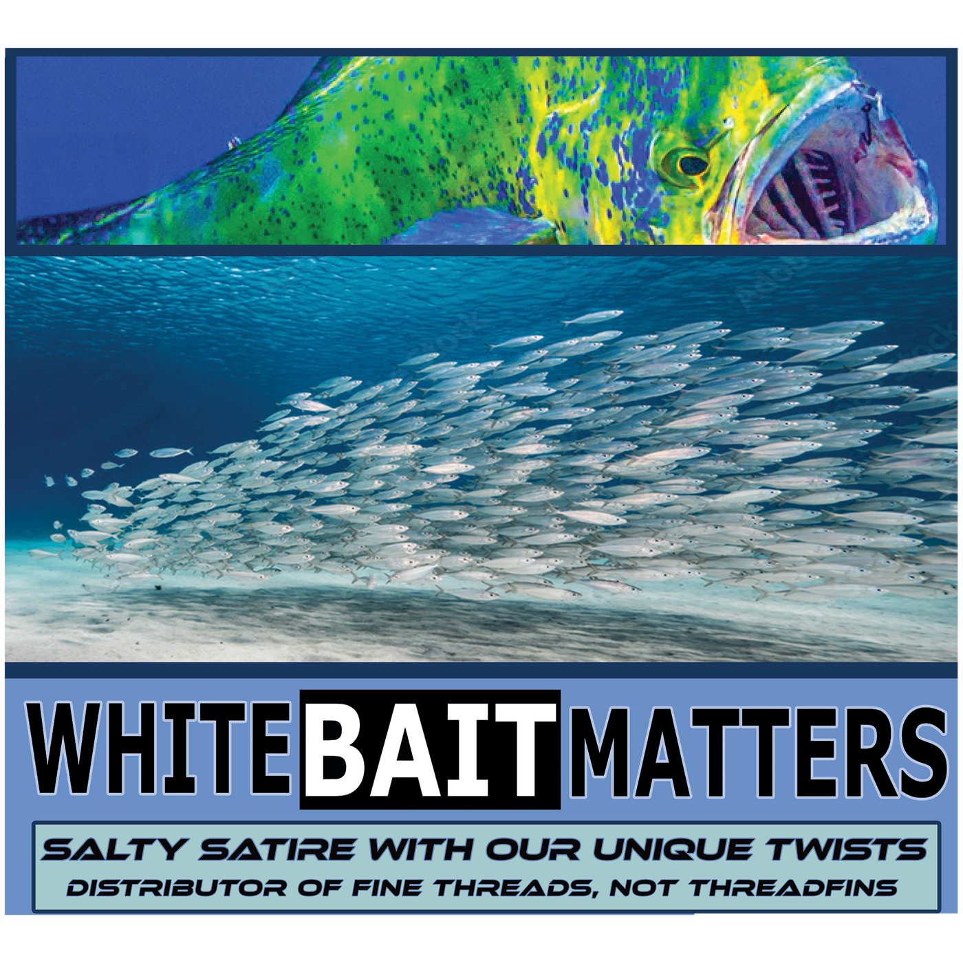 Advertisement for 'White Bait Matters' with a fish and school of small fish underwater.